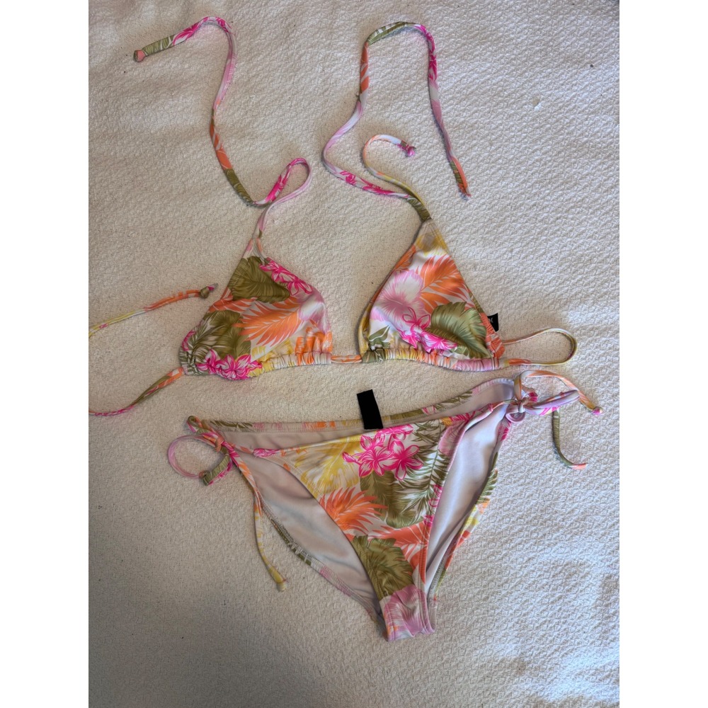 Hurley Womens Tropical Floral Triangle Bikini Set Pink Orange Green Size Large